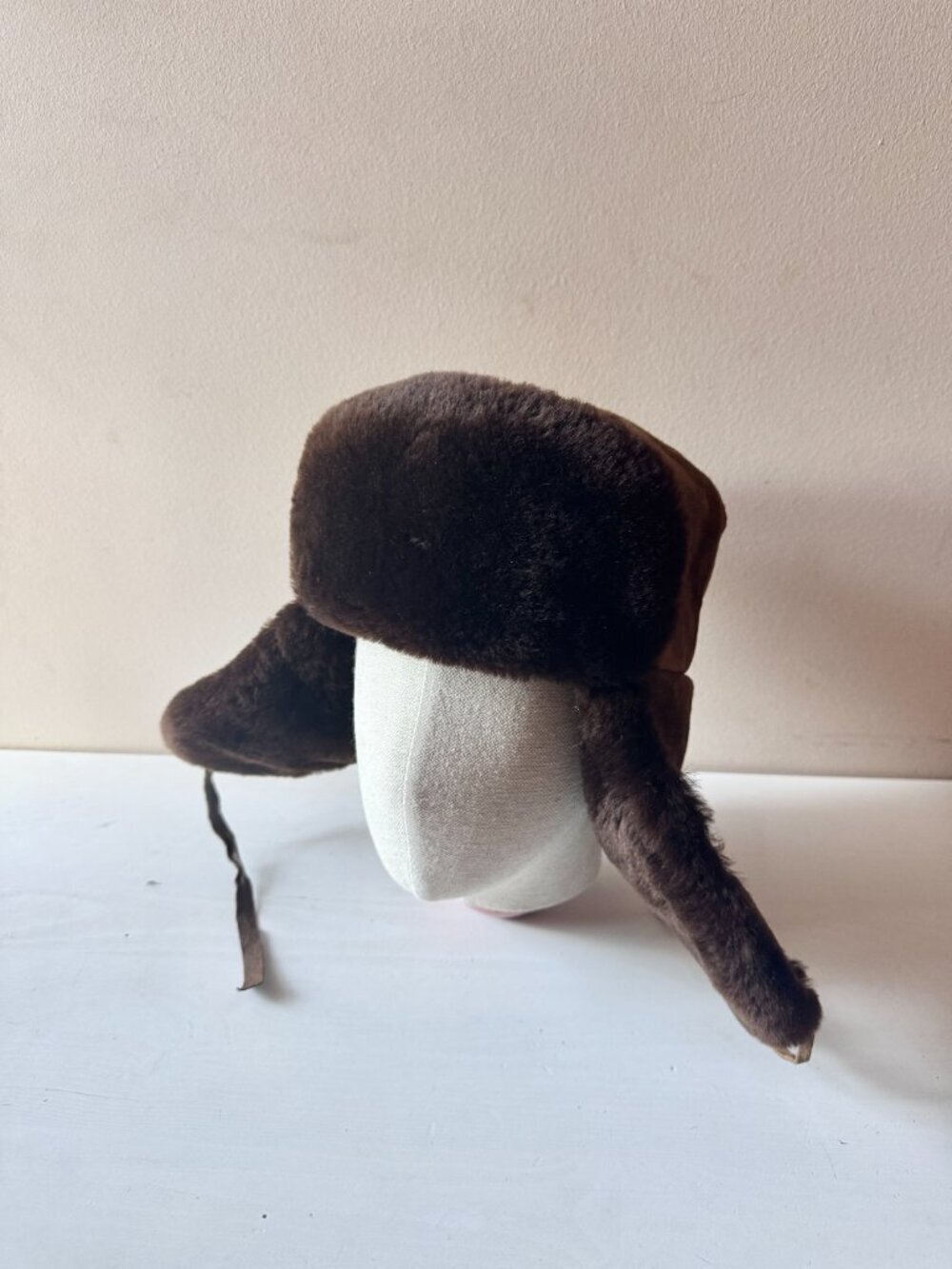 Vintage Dark Brown Suede Leather Faux Fur Trapper Hat, Size 59